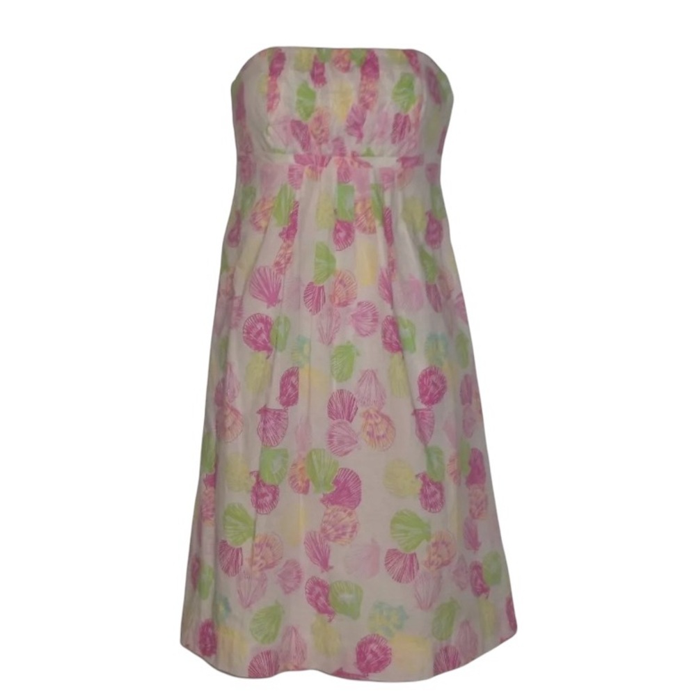 LILLY PULITZER Seashell Print Smocked Cotton Strapless Lining Dress Size 0- XS